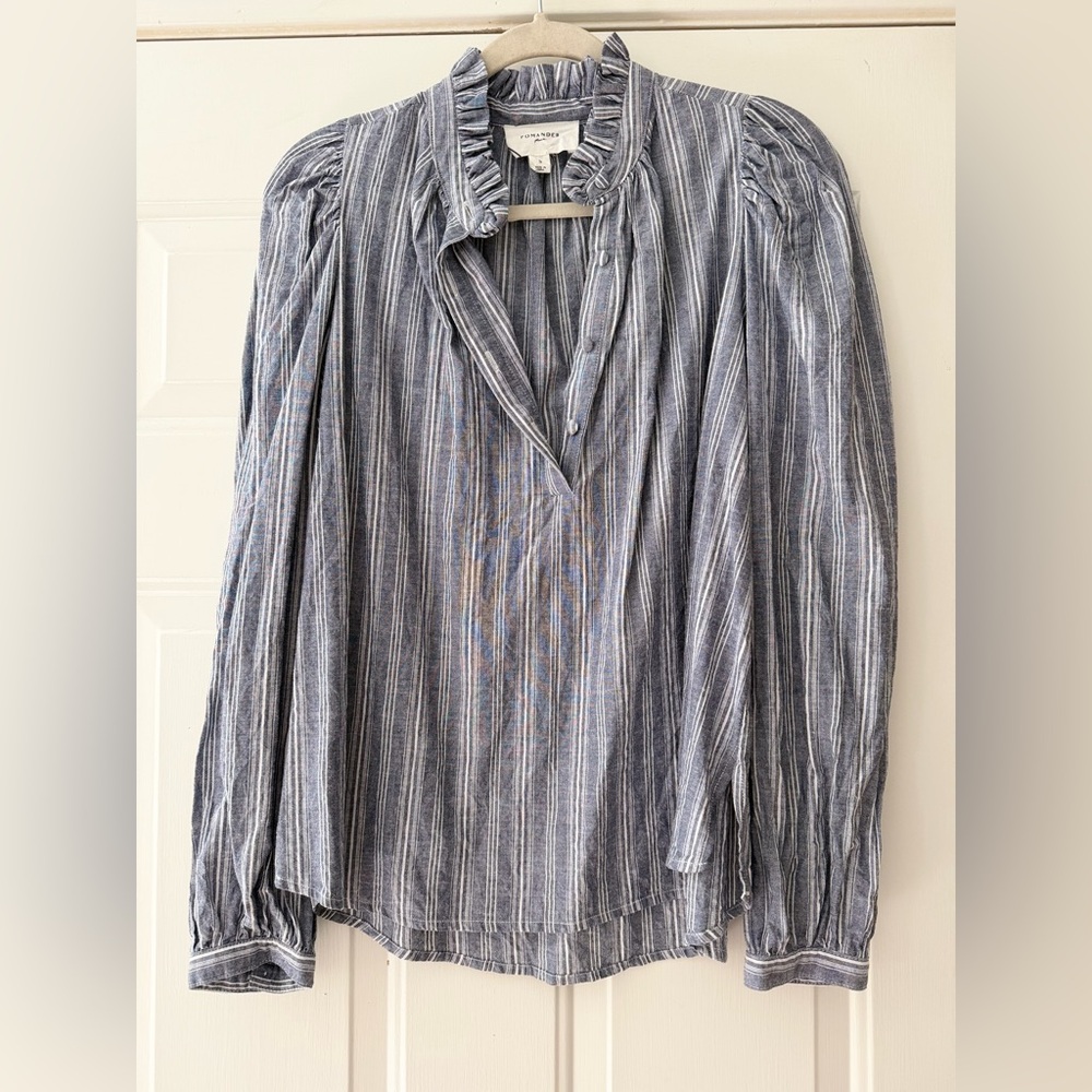 Pomander Place Striped Ruffled Collar Button-Front Linen Blouse - Blue